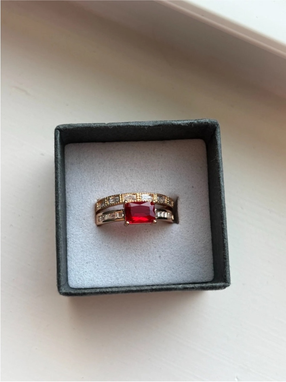 Gold Plated Ruby Red CZ Stacked Ring Size 6 Double Band Baguette & Pave - Picture 7 of 9